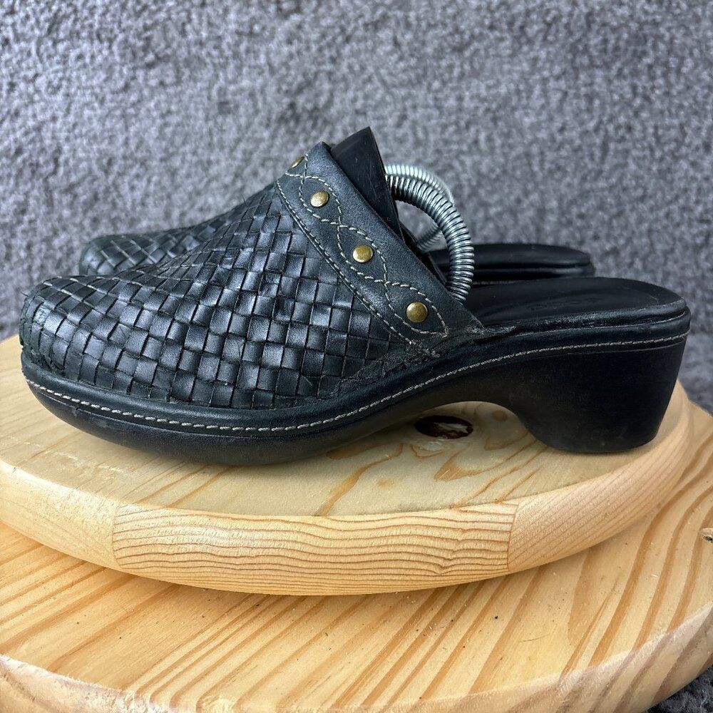 Ecco Woven Clogs Womens 7.5 Black Leather Slip On Comfort Block Heel Shoes